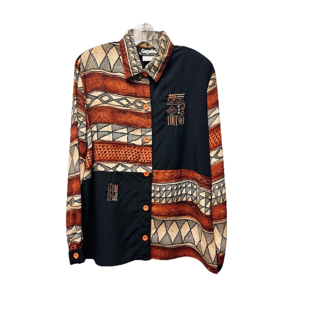 VTG Gepetto L Tunic Blouse 80s Metallic Embroidered Egyptian Geo Boho Relaxed